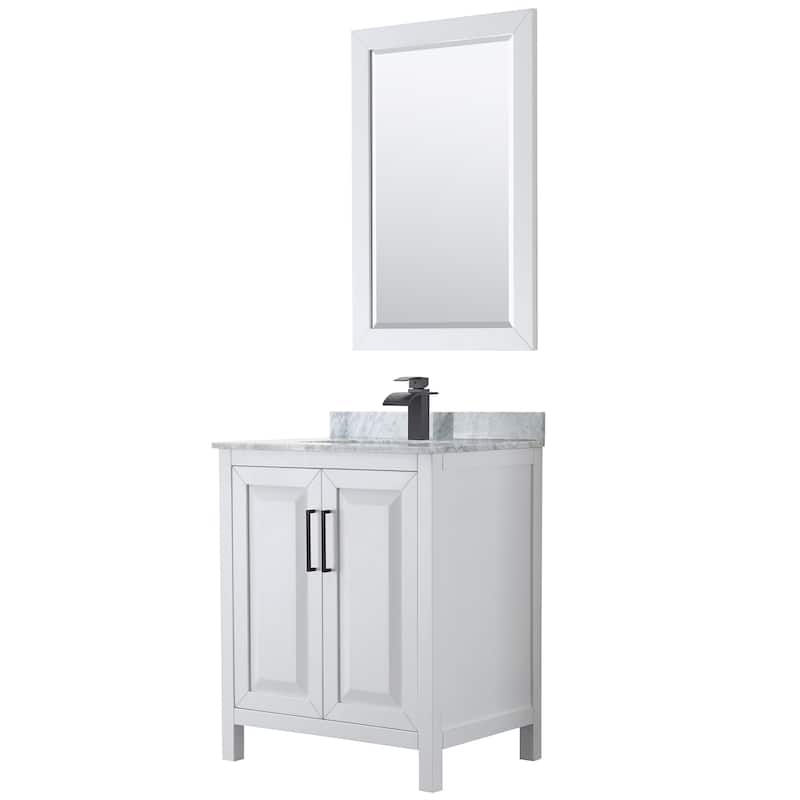 Daria 30-inch Single Vanity, Marble Top, 24-inch Mirror - White, Black Trim, White Carrara Marble Top