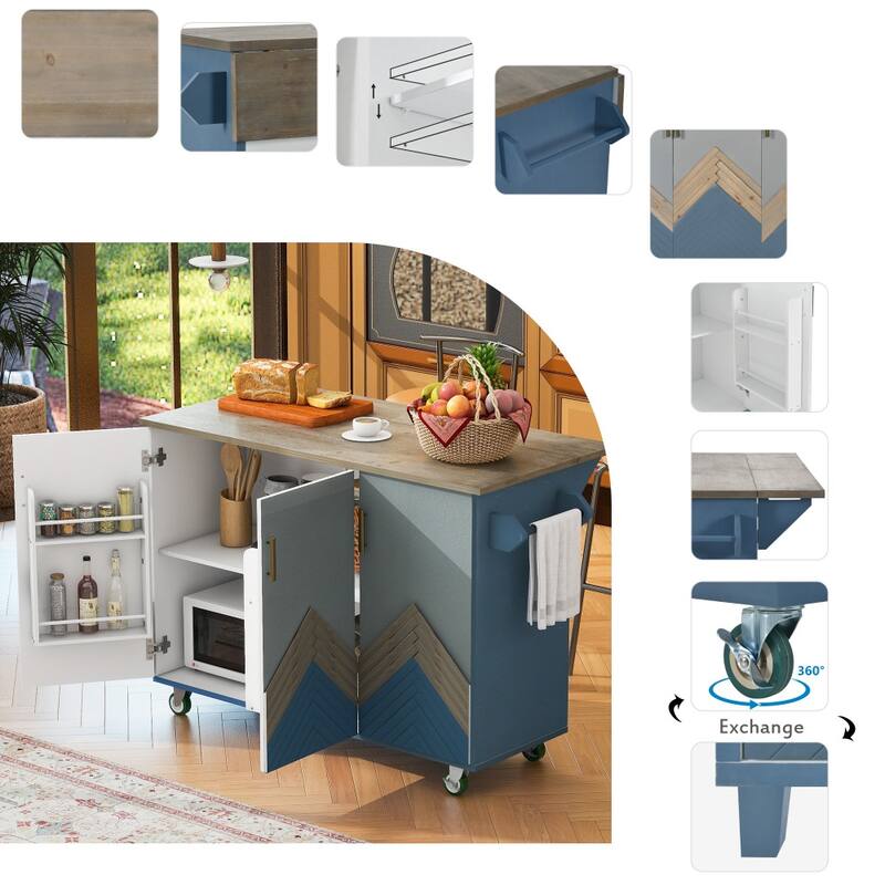 Retro MDF Kitchen Island on Wheels with Drop Leaf and Towel Rack