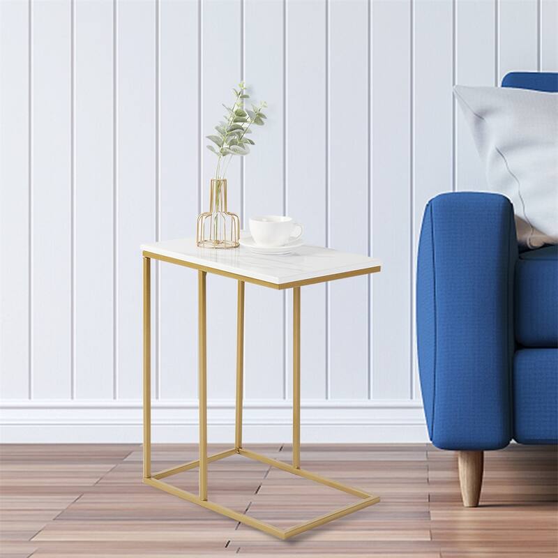 C Shape Table Side Over Bed Tray Marble Snack End Table - White & Gold