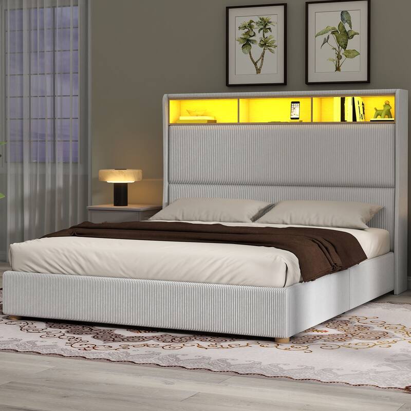 53'' Tall Storage Wingback Headboard, Corduroy Upholstered Platform Bed Frame with Charging Station and RGB LED Lights