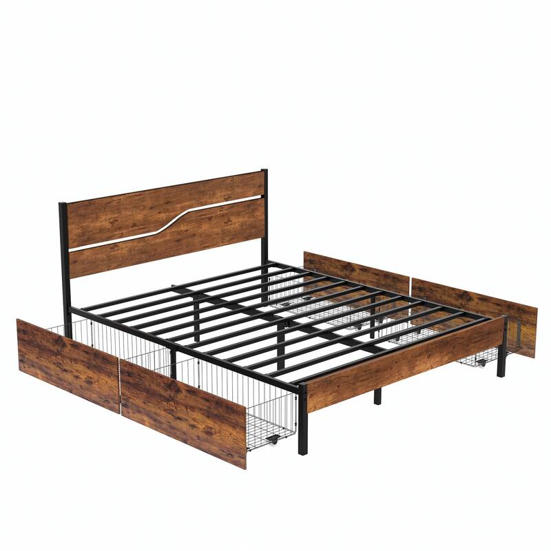 VECELO Upholstered Platform Bed Frame with 4 Storage Drawers, Full/Queen Size