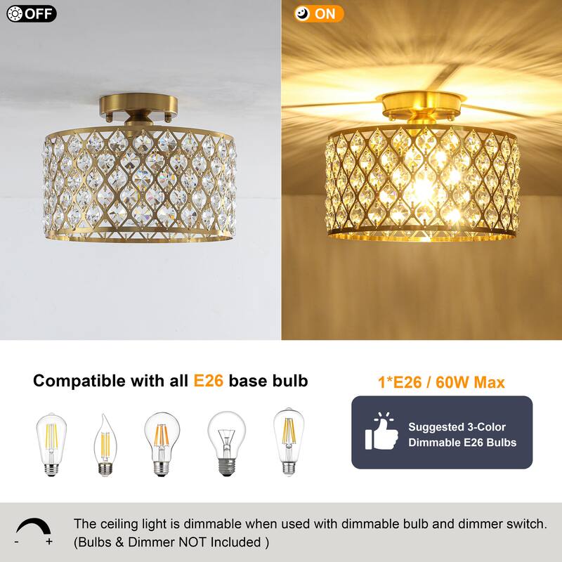 1-Light Modern Vintage Drum Crystal Semi-Flush Mount Ceiling Light