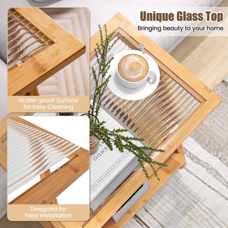 Gymax Z-shaped End Table Glass Top Bamboo Side Table w/ Magazine Rack