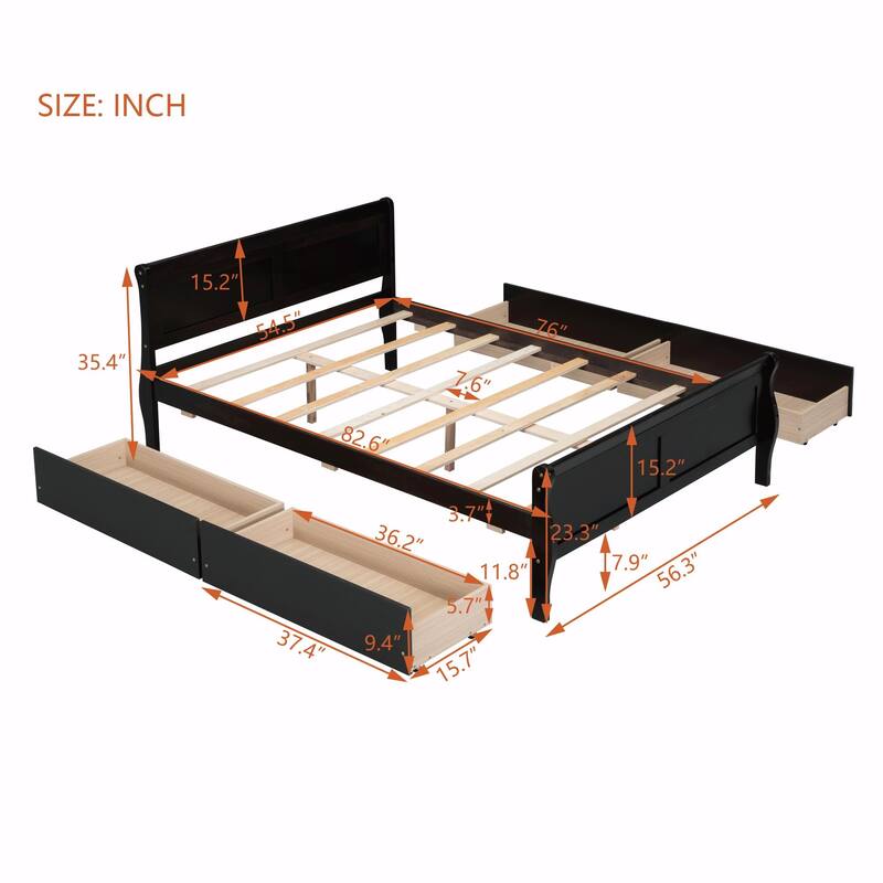 Wood Platform Bed with 4 Drawers and Streamlined Design