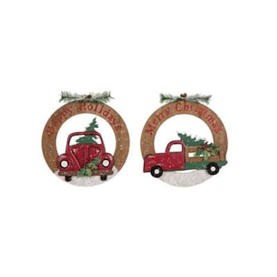 Glitzhome 17"H Wooden/Iron Christmas Truck Floral Wall Hanging Decor