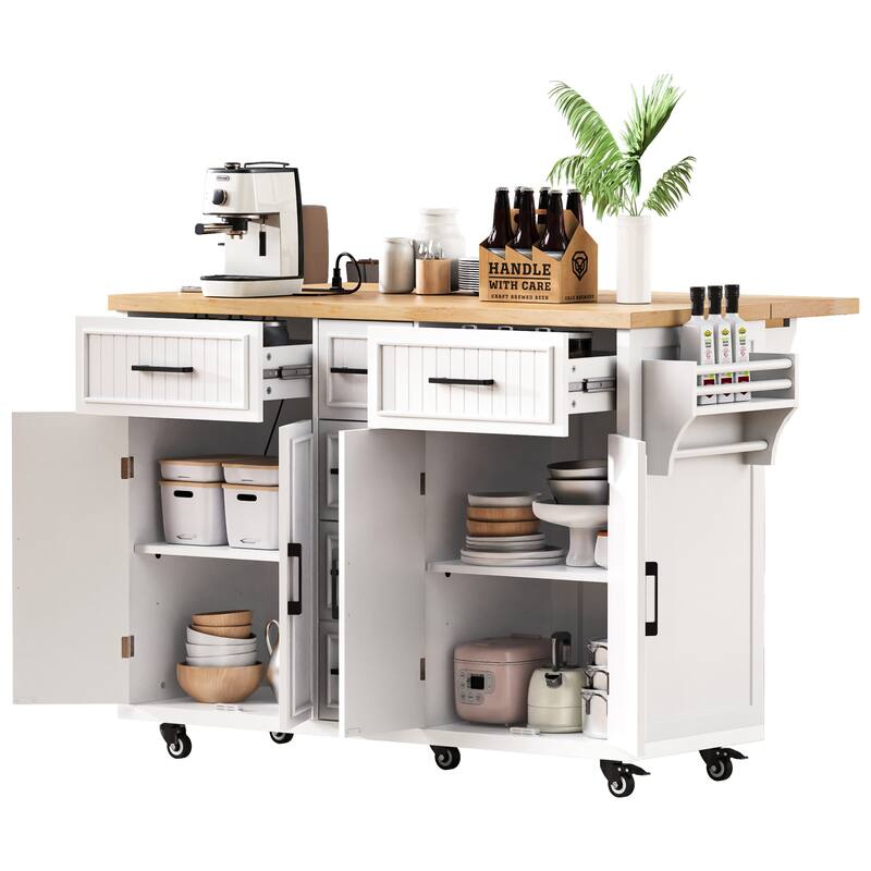 Kitchen Island Embossed Vertical Stripe Rolling Kitchen Cart on Wheels with Drop Leaf,Power Outlet