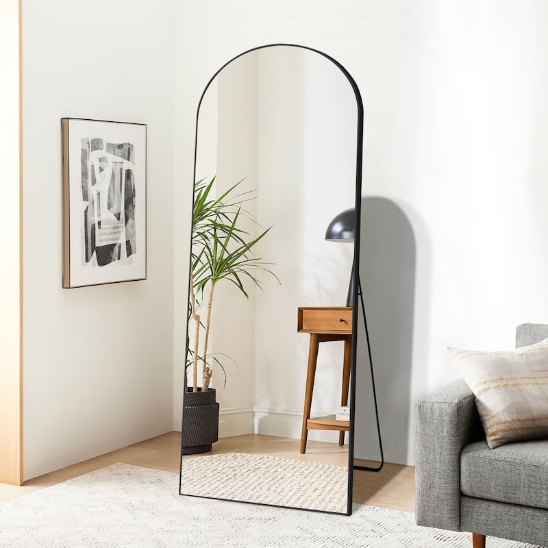 Arch Full Length Floor Mirror with Stand Aluminum Alloy Frame,Wall-Mounted Mirror - Black