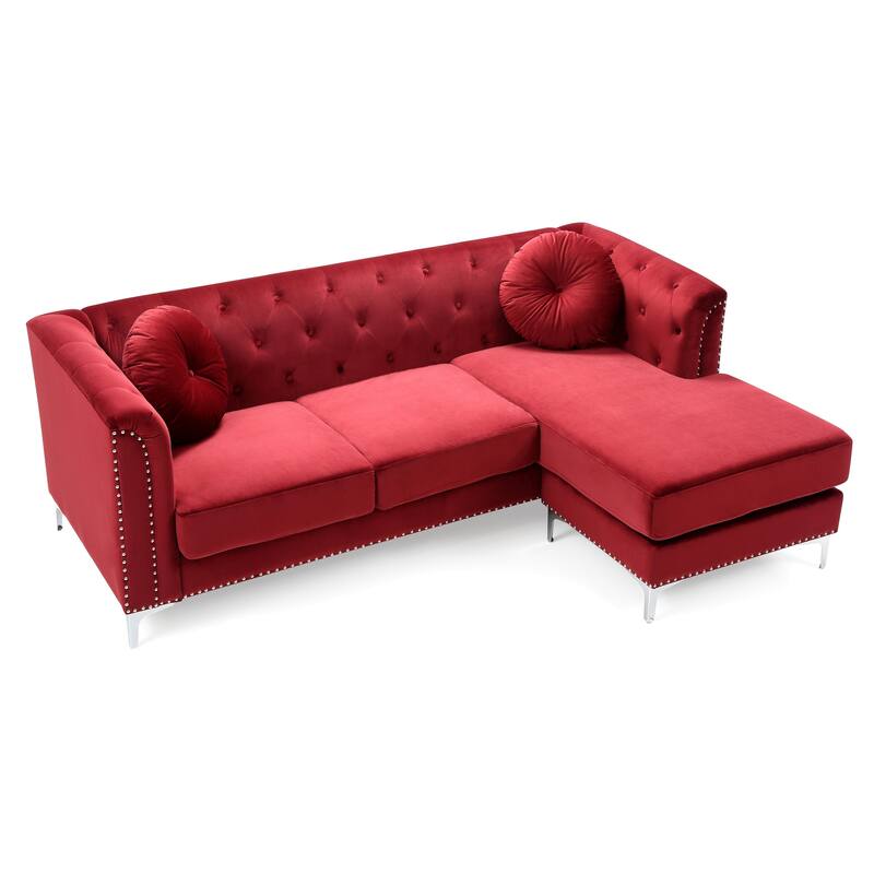 Burgundy Velvet Sofa Chaise, 83"L x 58"W x 31"H, 137 lbs