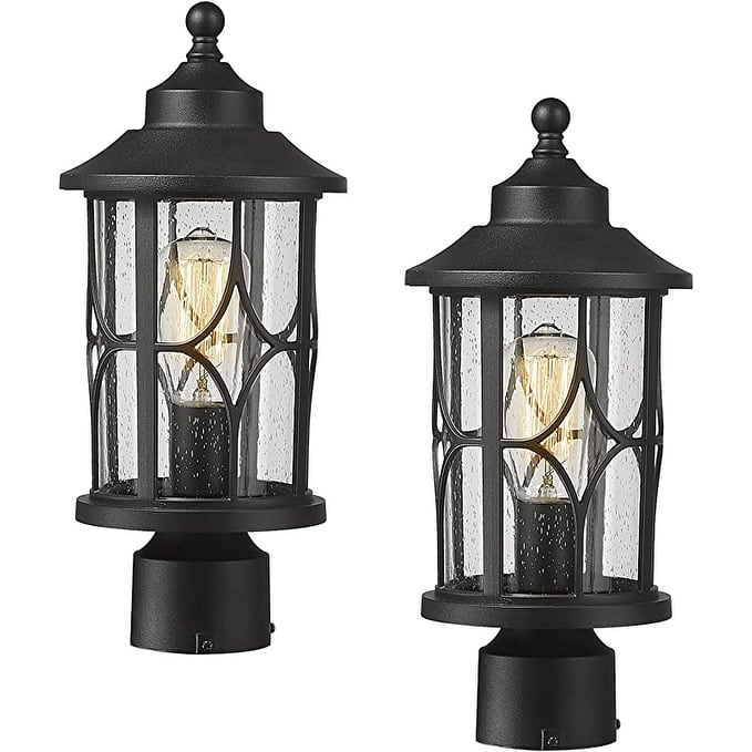2 Pack Modern Outdoor Post Lanterns for Patio Garden, Seeded Glass Shade