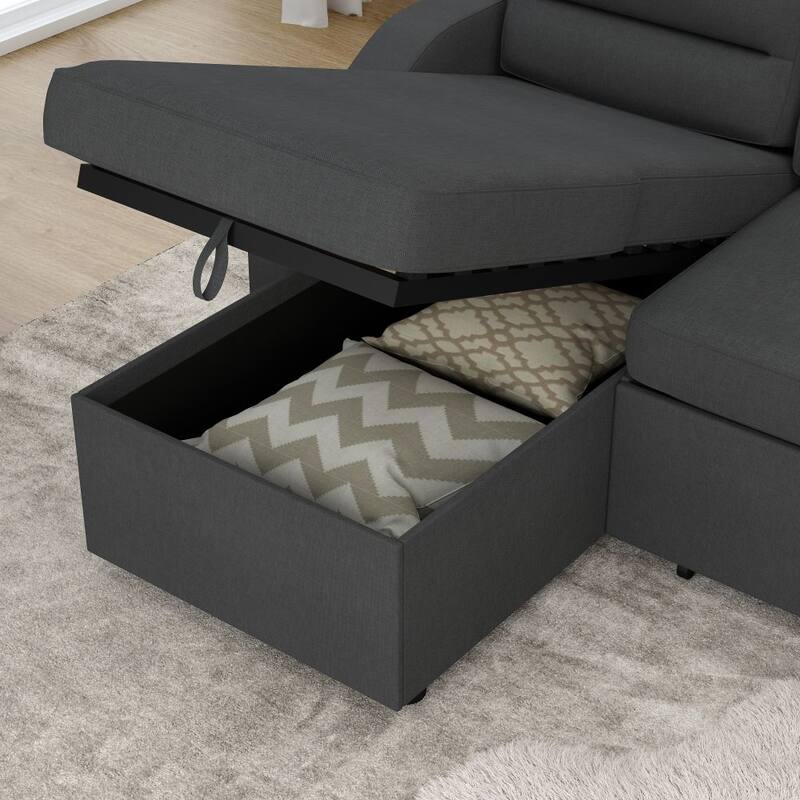 Convertible Sofa Bed Polyester Pullout Bed with Storage Recliner and Cup Holder