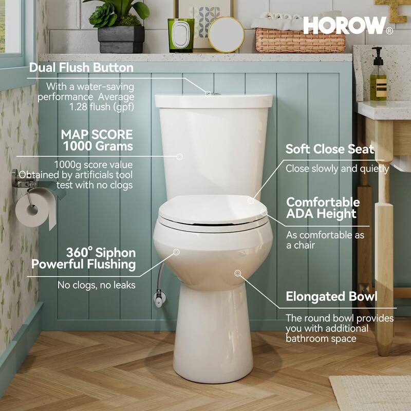 HOROW 19 Inch ADA Tall 2 Piece Dual Flush Elongated Toilet White 1.1/1.6 GPF Strong Flush Soft Close Seat - 19 Inch