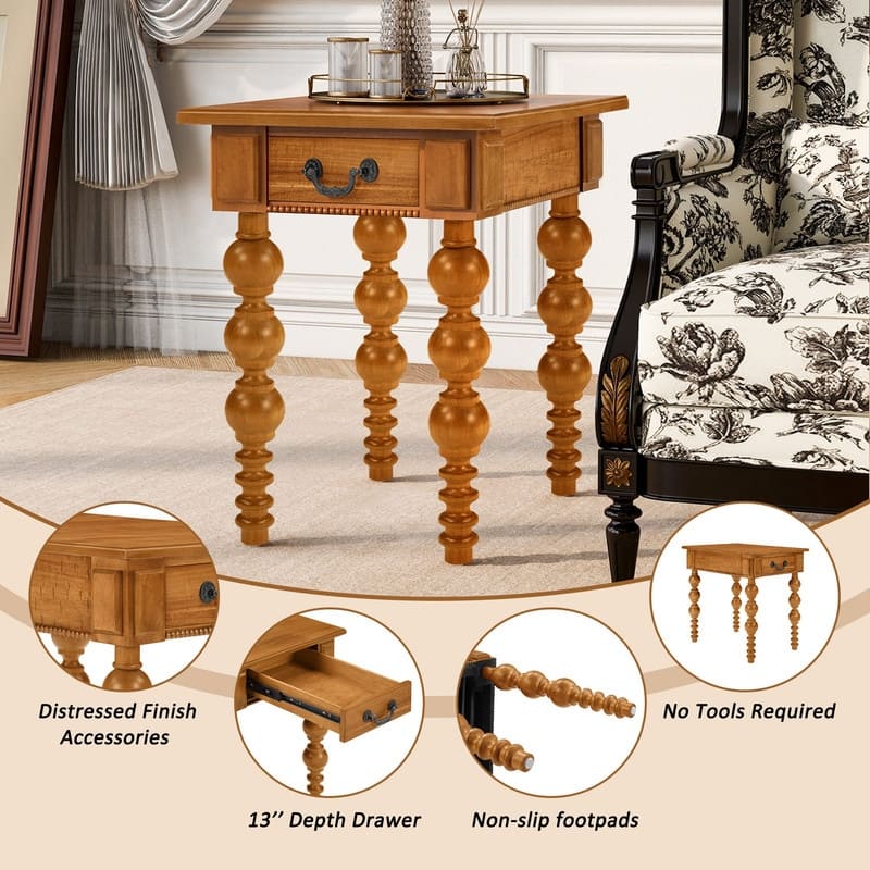 Retro 24" Solid Wood End Table with Drawer Easy Assembly Vintage Narrow Sofa Side Table for Living Room