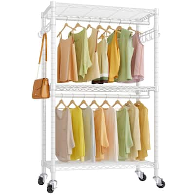 V12 Medium Heavy Duty Rolling Garment Rack 3 Tiers Clothes Rack with Rods & Hooks, Freestanding Wardrobe Closet Storage Rack