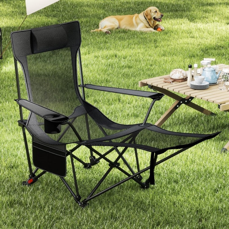 Grey Oxford Mesh Metal Reclining Camping Chair with Footrest and Cup