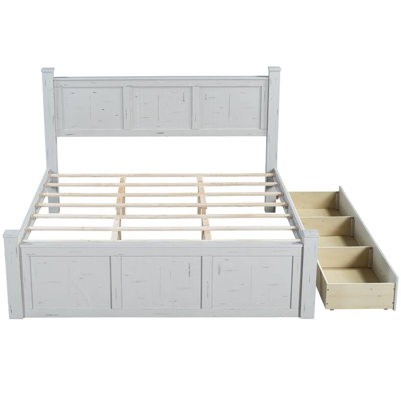 White Distressed Platform Bed Frame Wood Panel Bed w/ 3 Storage Drawers