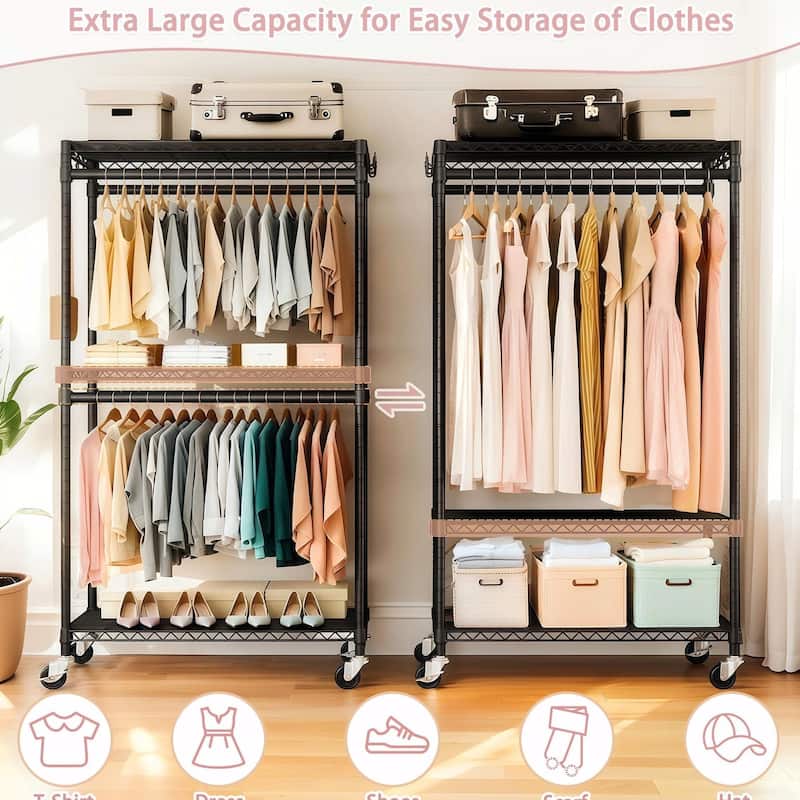 Heavy Duty Rolling Clothes Rack with 3 Shelves & 2 Rails, Black
