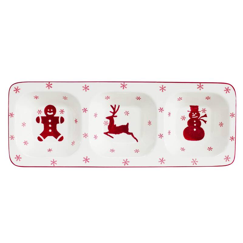 Euro Ceramica Winterfest 3 Part Divided Dish - White/Red - 1 Piece