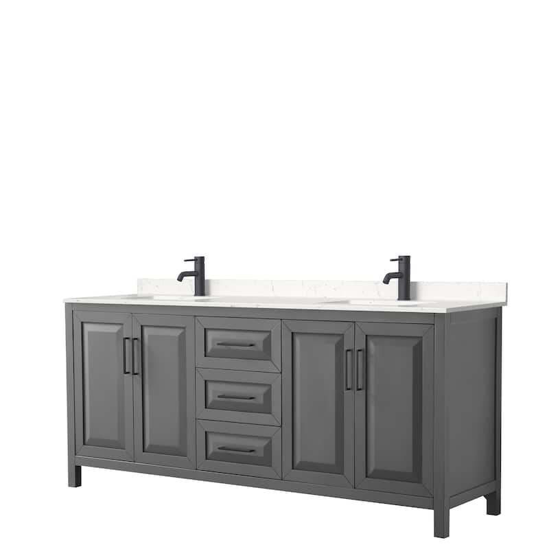 Daria 80 Inch Double Vanity, Cultured Marble Top - Dark Gray, Black Trim, Carrara Cultured Marble Top