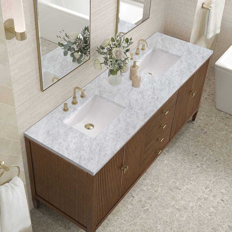 James Martin Vanities Myrrin 72" Vanity, Mid Century Walnut - Carrara White