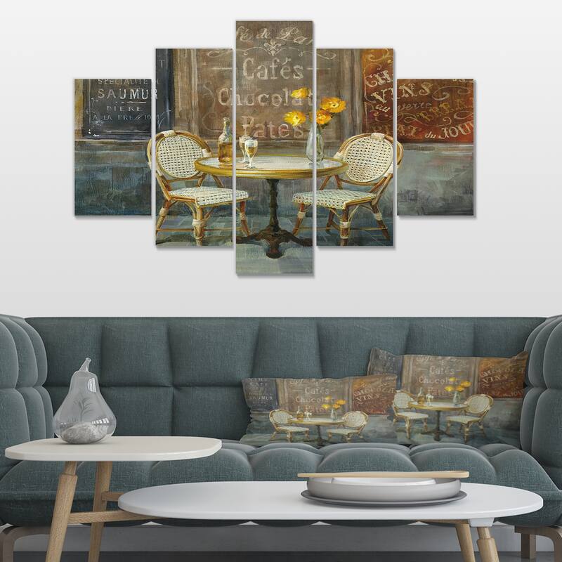 Designart "French Cafe" Traditional Canvas Artwork Print - 60 in. wide x 32 in. high - 5 Panels Diamond Shape