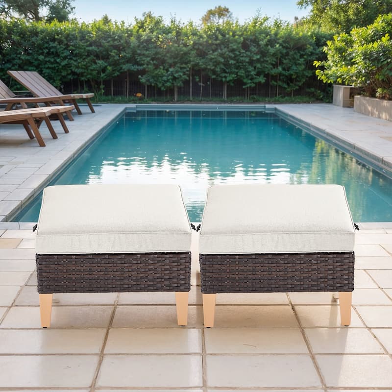 Patio Ottoman PE Wicker Ottoman Set - Brown - Beige