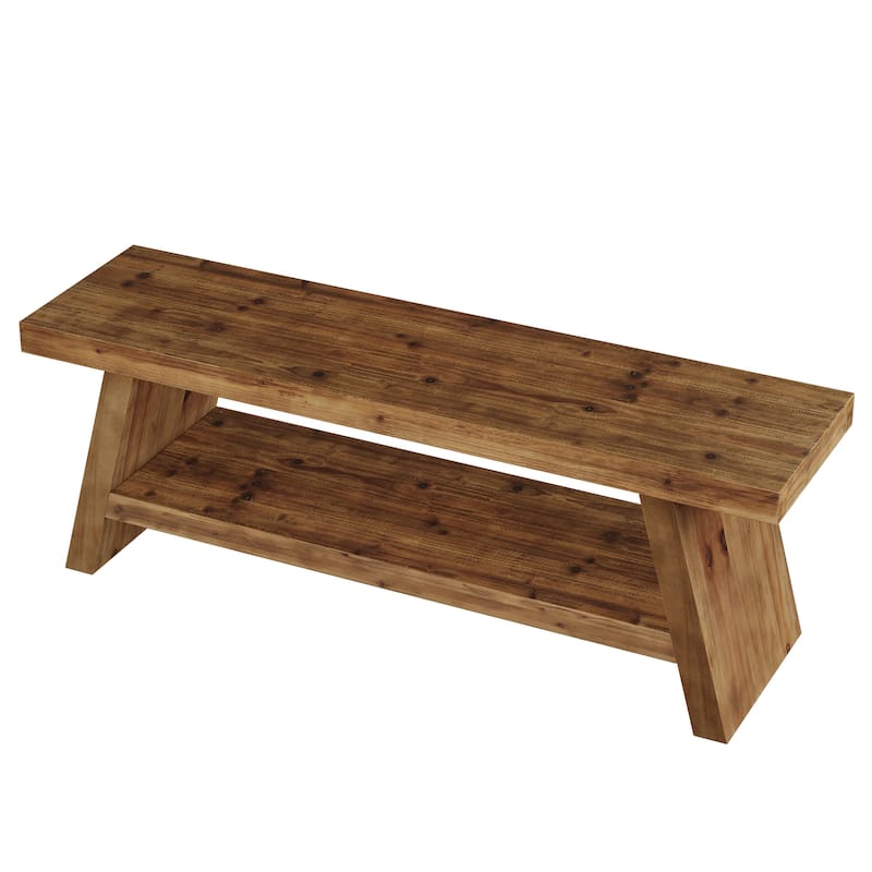 Solid Wood Entryway Bench, 2-Tier Shoe Bench with Open Shelves