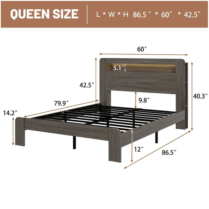 Roomfitters Wood Platform Bed Frame with Illuminated Headboard, Charging Station, No Box Spring Needed, Dawn Grey - Queen