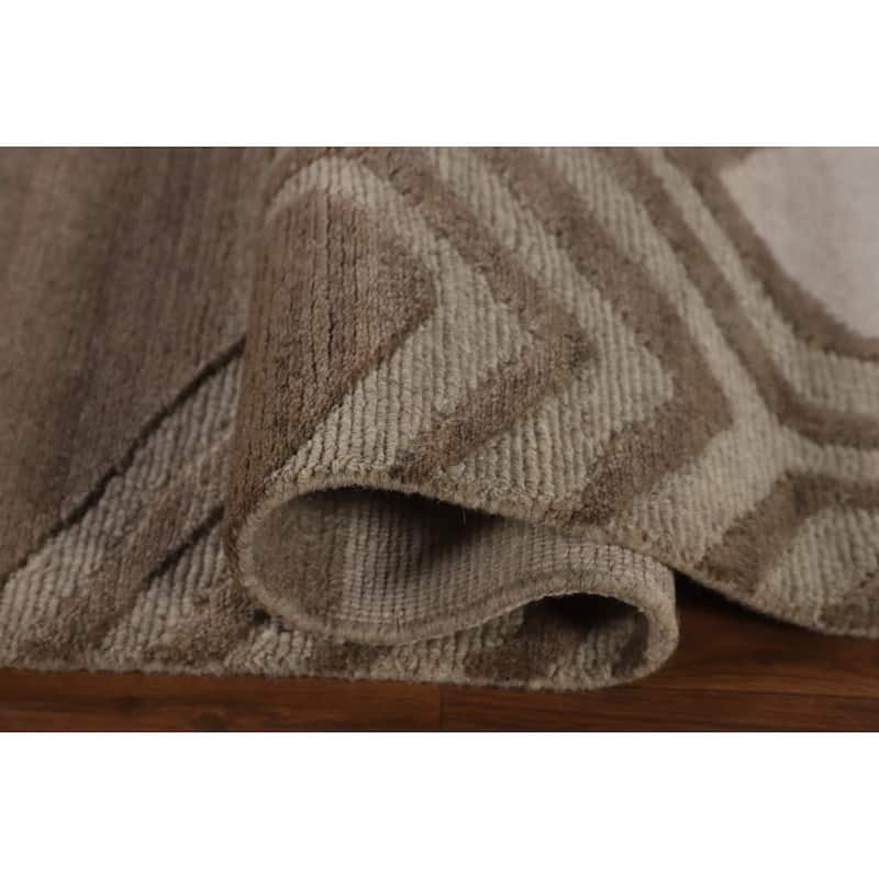 Geometric Modern Oriental Area Rug Handmade Beige Wool Carpet - 9'0" x 11'8"