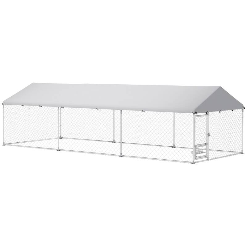 PawHut Outdoor Dog Kennel, Heavy Duty Dog Kennel Outside with Adjustable & Rotatable Bowl Rack, Waterproof Cover - 236.2"L x 90.6"W x 62.2"H