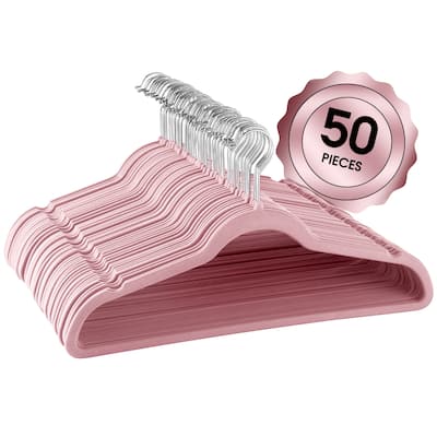 Elama Home 50Pc Velvet Slim Clothes Hangers w/ SS Swivel Hooks in Pink