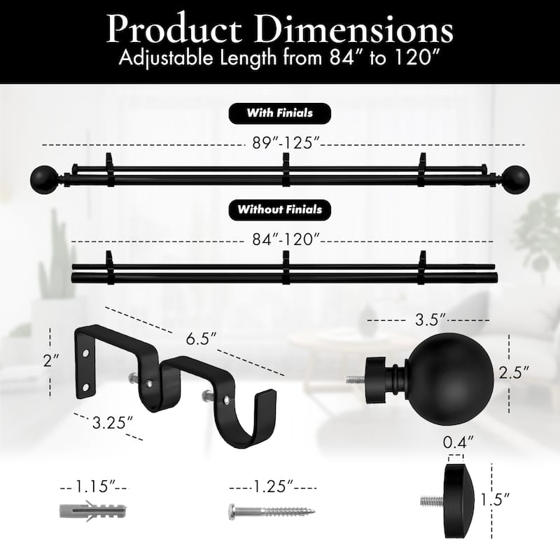Meriville 1-Inch Diameter Steel Ball Double Window Curtain Rod with End Cap finial