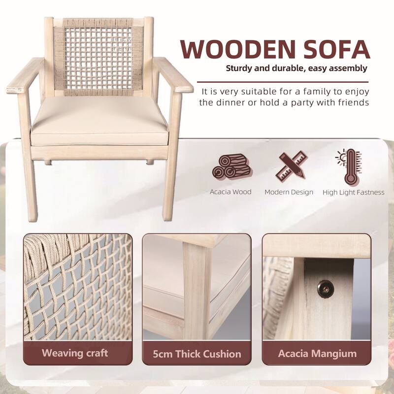 3-Piece Modern Outdoor Acacia Wood Chair Set with Side Table