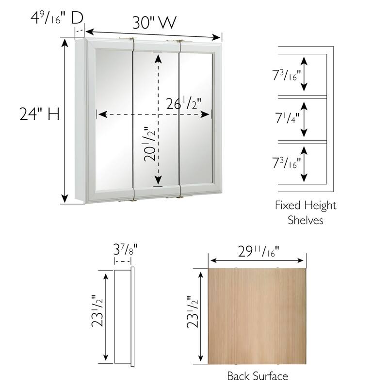 Design House Wyndham 30" Tri-View Bath Medicine Cabinet, White