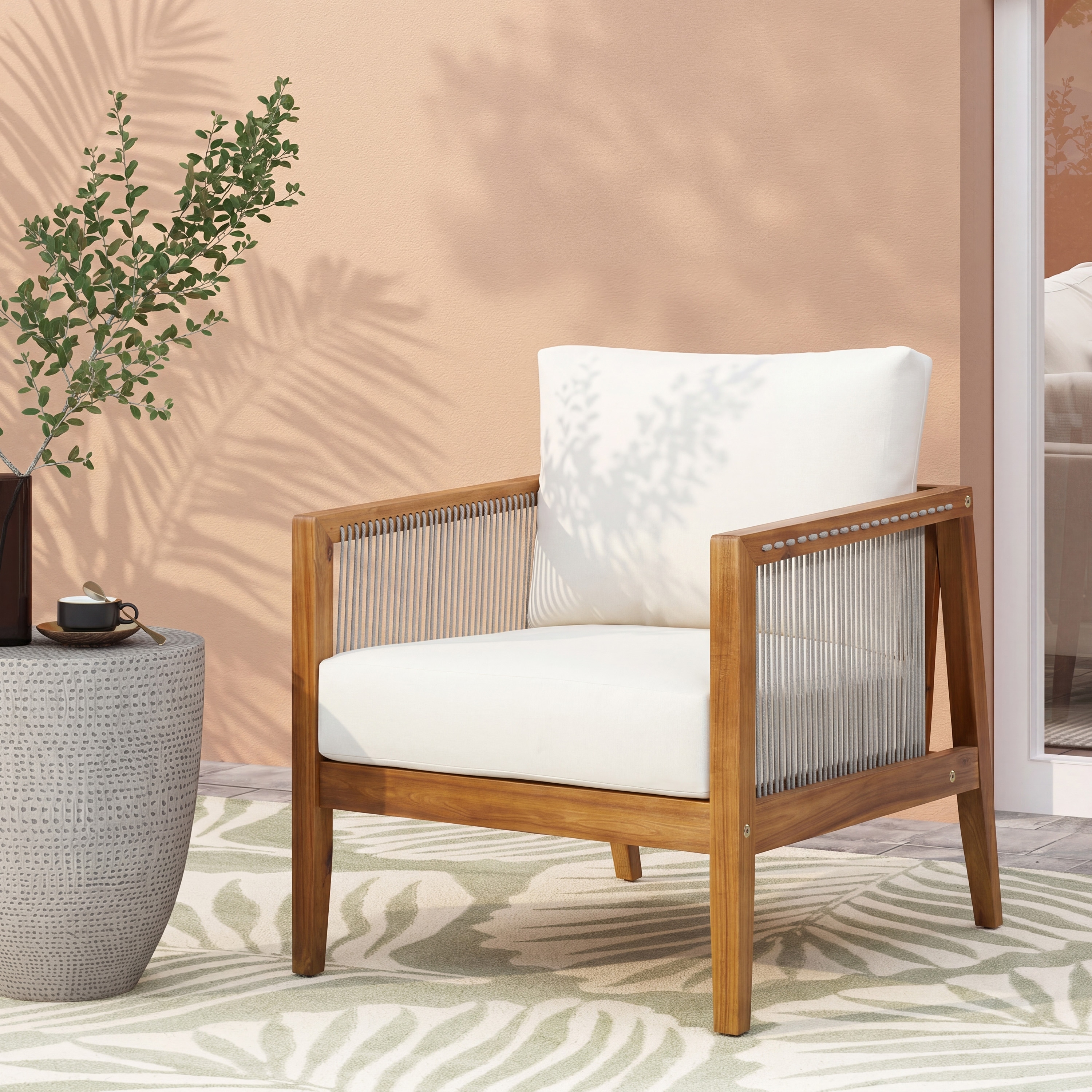 Acacia Wood Outdoor Club Chair with Rope Back and Water-Repellent Cushions