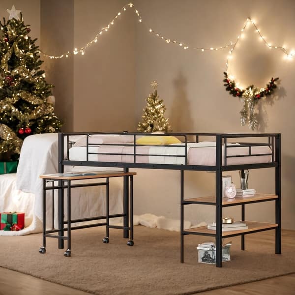 slide 2 of 24, Twin Size Metal Loft Bed with Desk and Shelves Black