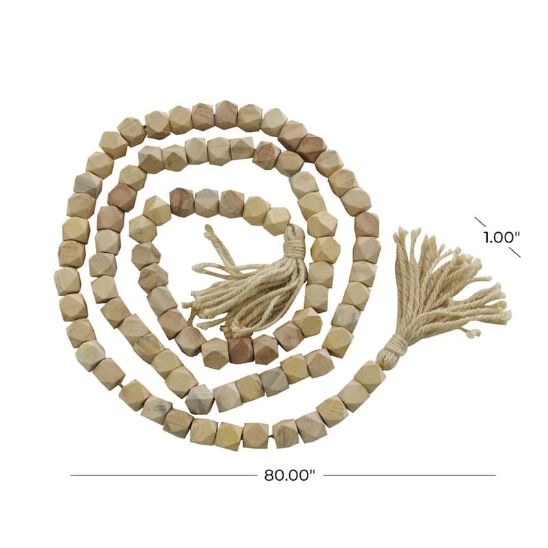Mango Wood Handmade Hexagon Carved Geometric Long Beaded Garland with Tassel - Roche River Decor