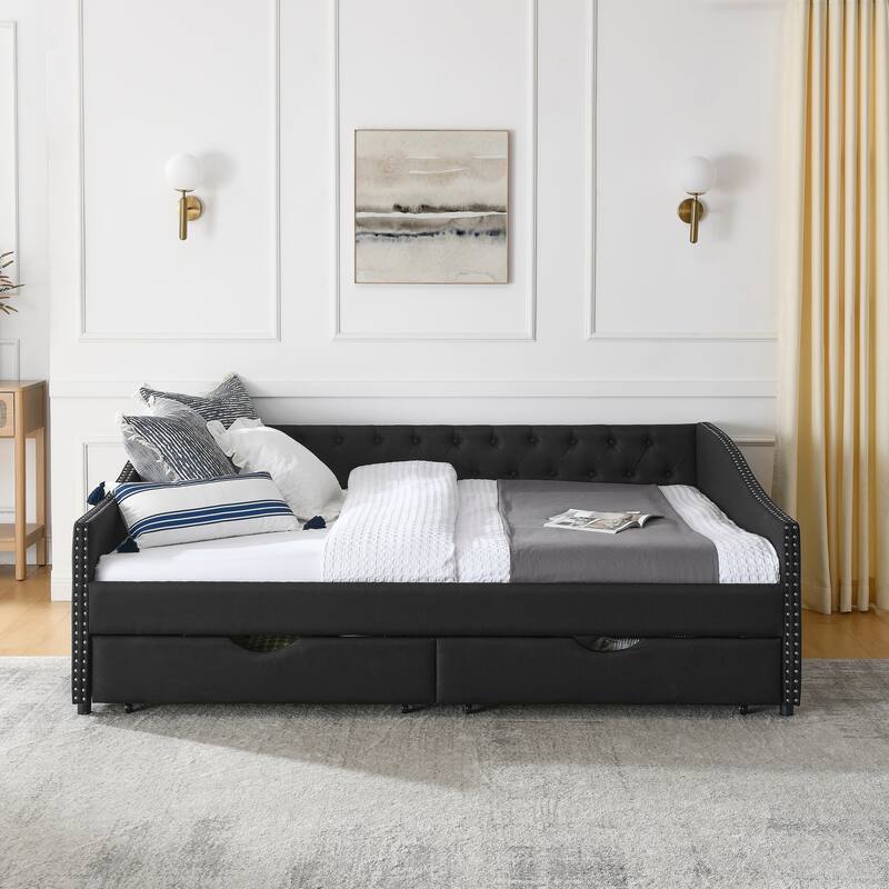 Tufted Button Daybed with 2 Storage Drawers/Upholstered Sofa Bed Frame w/Copper Nail on Waved Shape Armrests/No Spring Box Need - Black - Queen
