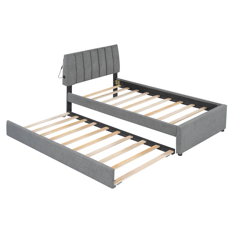 Twin Upholstered Platform Bed with Trundle, Soft Teddy Fleece, Stripe Headboard, and Smart LED Lights