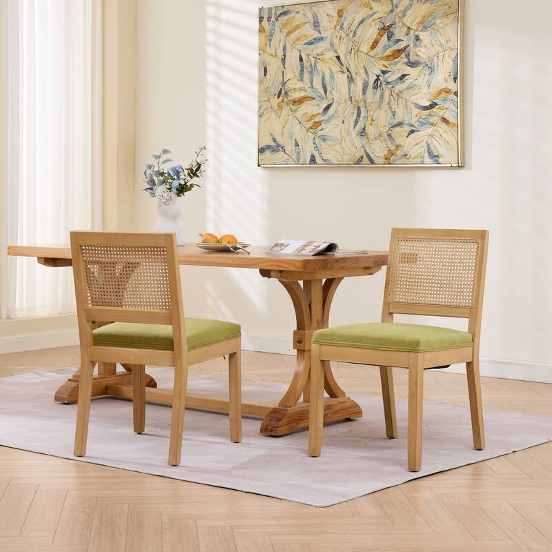 Roomfitters Upholstered Dining Chair Set of 2 with Rattan Back & Wood Legs, Modern Farmhouse Side Chair for Kitchen