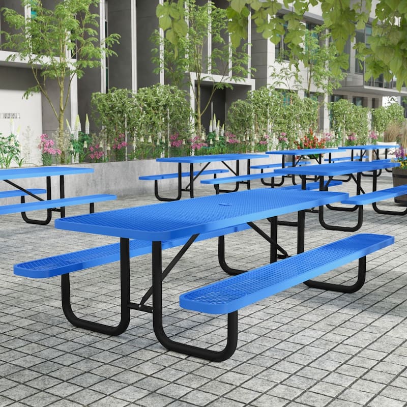 Commercial Grade Expanded Mesh Metal Outdoor Picnic Table - 95.75"D x 57.5"W x 30"H - Blue