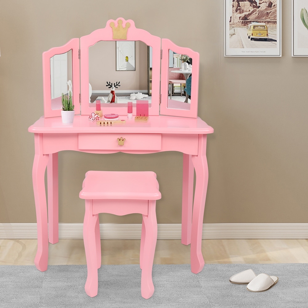Kids Three-Sided Folding Mirror Dressing Table with Stool