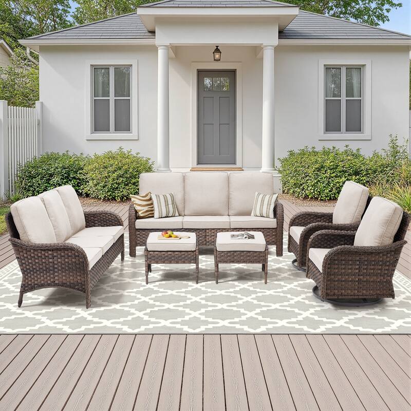 Pocassy Outdoor Patio Furniture Set PE Wicker Sofa Set - Beige Cushion - Brown Wicker - 6 Pieces Sofa Ottoman with Swivel Chair s
