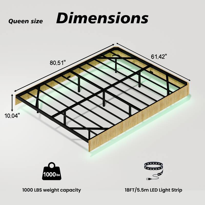 Queen Floating Bed Frame with LED Lights, Wave Curve Wood Texture, Heavy Duty Metal Slats - No Box Spring Needed