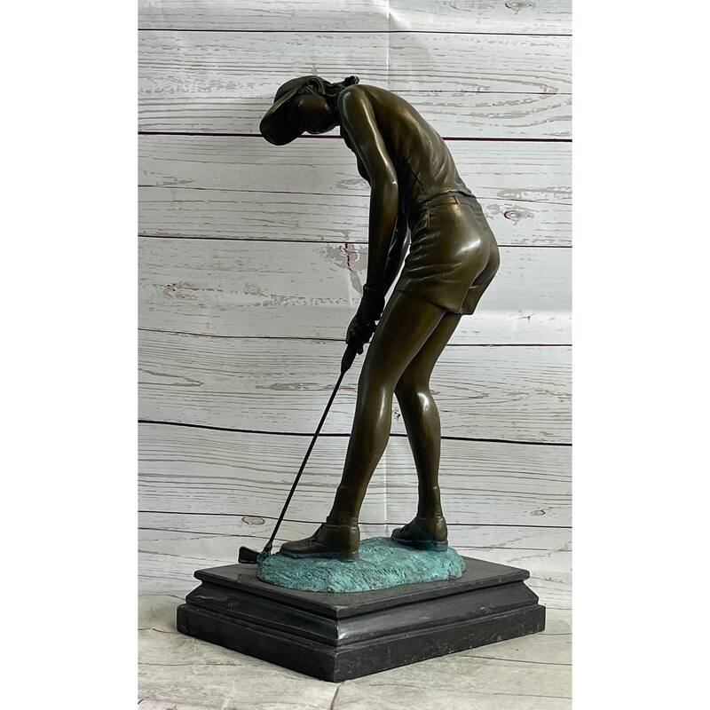 Female Golfer Bronze Metal Statue Sculpture Trophy Figure On Marble Base By Milo