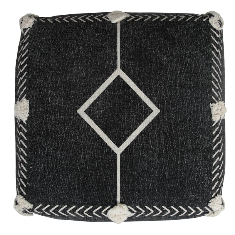 18" Black Cotton Geometric Pouf Ottoman for Living Room Seating and Footrest
