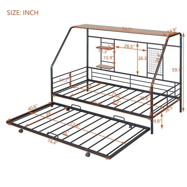 dimension image slide 0 of 2, Metal Twin Size House-shaped Platform Bed Frame with Trundle and Shelf