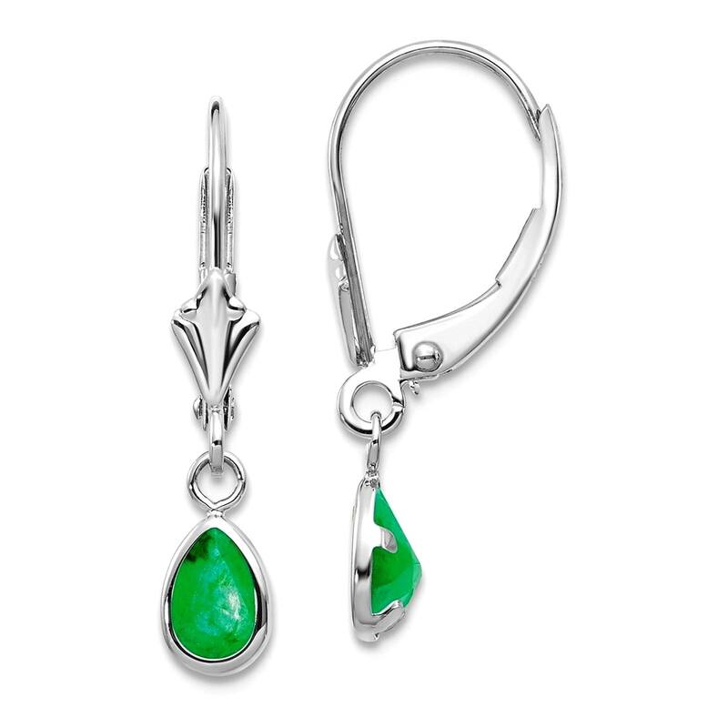 Curata 14k White Gold 6x4mm Bezel Pear Gemstone Birthstone Leverback Earrings - 23x4mm - Emerald