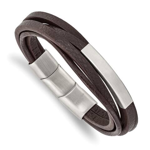 Chisel Stainless Steel Brushed Brown PU Leather Multi Strand 8 Inch Bracelet