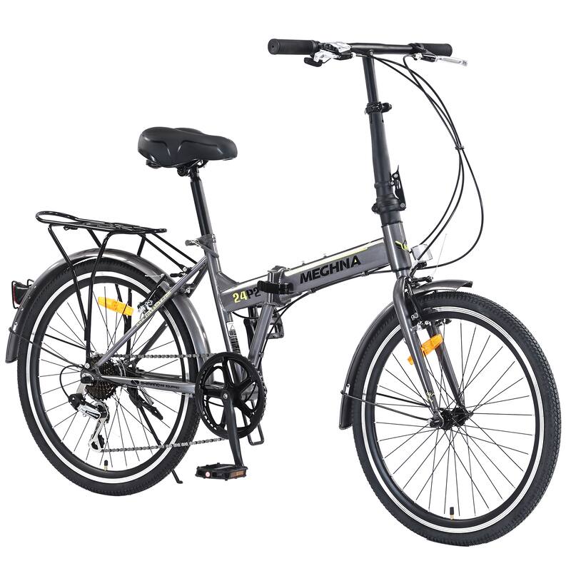 24" Folding City Bike, Shimano 7 Speed Road Cycling Bicycle with Dual V-Brake, Steel Frame for Teens, 16 Years and Up - Grey