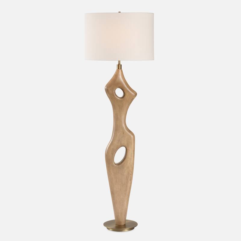 Abstract Carved Rubber Wood Floor Lamp with Oval Shade - 65.5" - Brown